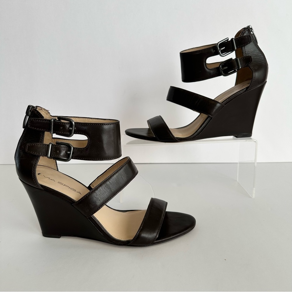 Via Spiga Fernanda Brown Leather Wedge Sandals‎ Ankle Buckle Strap Back Zip 7.5